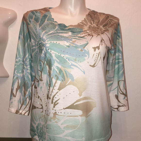 Alfred Dunner 3/4 Sleeve Lace & Rhinestone Blouse